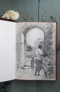 Sketch of a father and son walking through an archway