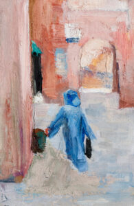 Oil sketch of a hurrying girl in a Fez alley