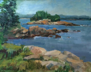 Fan Island in Maine painted from the Harding cottage “The Mermaid”. The original mermaid painted on tarpaper is on the wall inside the cottage.
