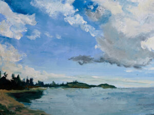 Beach Roque Bluffs. Somehow the brush painted those clouds all by itself. Oil