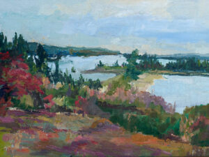 October Pond, painted before the trees grew so tall, showing more of the ocean and the beach.