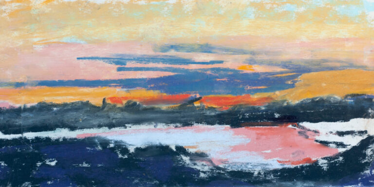 Sunset over the pond in Maine. Quick pastel grab of almost too much color for belief. Pastel