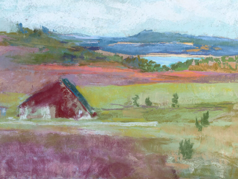 Autumn blueberry fields turn different rusts or crimsons depending on conditions. Intense tone variety in a far view of Welch farm from Russell Manchester’s verandah. Pastel