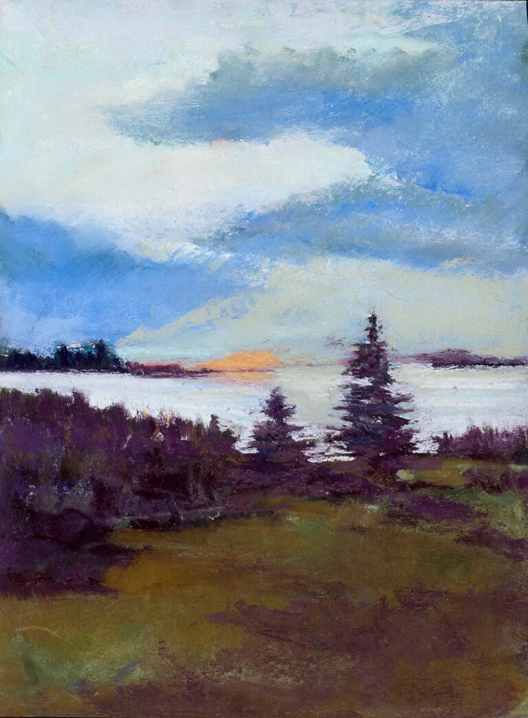Maine sunrise over the pond; pastel from the upstairs Maine balcony.